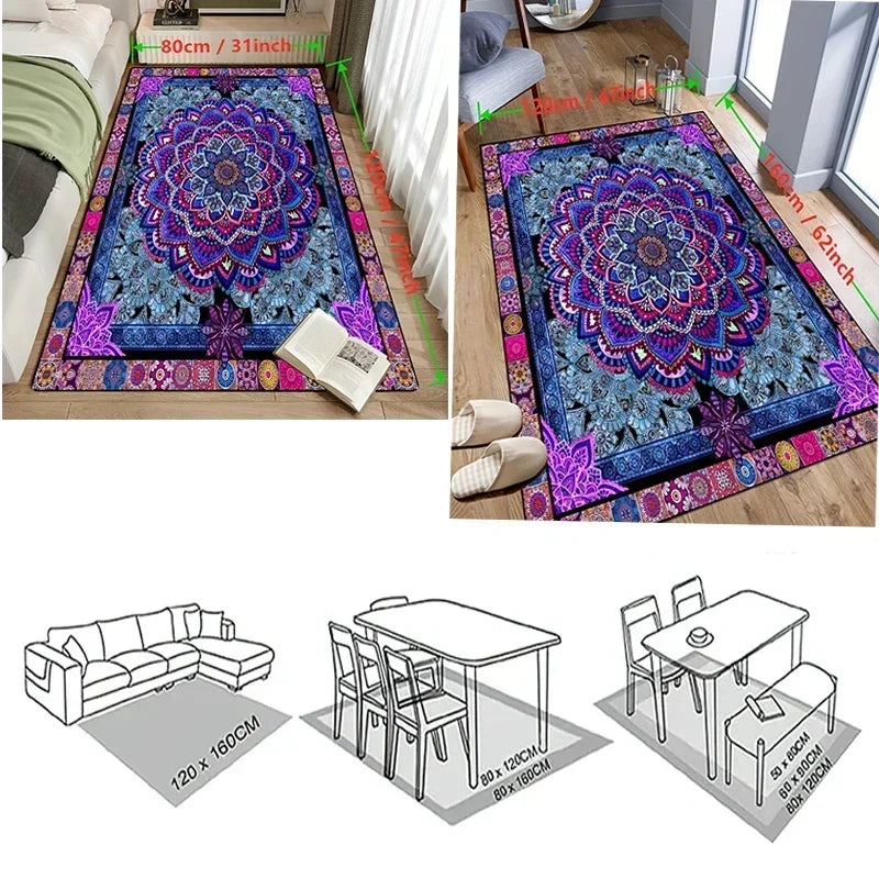 Two images display the Hopscotch Printing Carpet, a vibrant mandala polyester rug (80x120cm, 120x160cm), in living areas. Diagrams show its modern style and versatile placement with sofas and dining tables across different room layouts.