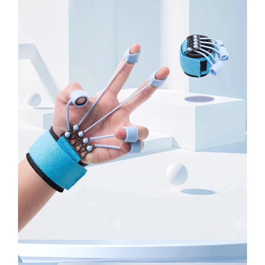 A hand with a blue wristband featuring finger attachments holds two fingers upright, using the Forearm Grip Strengthener - Hand and Finger Trainer for Enhanced Grip Power. White balls and an identical device appear in the background to help enhance hand strength and forearm muscles.