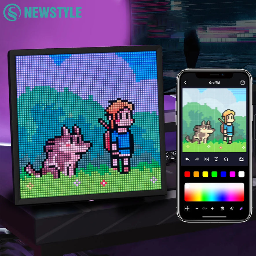 The LED Pixel Display 64x64 RGB Matrix Panel shows pixel art of a boy with a backpack and dog on grass, with trees and sky behind, while a smartphone beside it edits the same image via the Bluetooth app control.