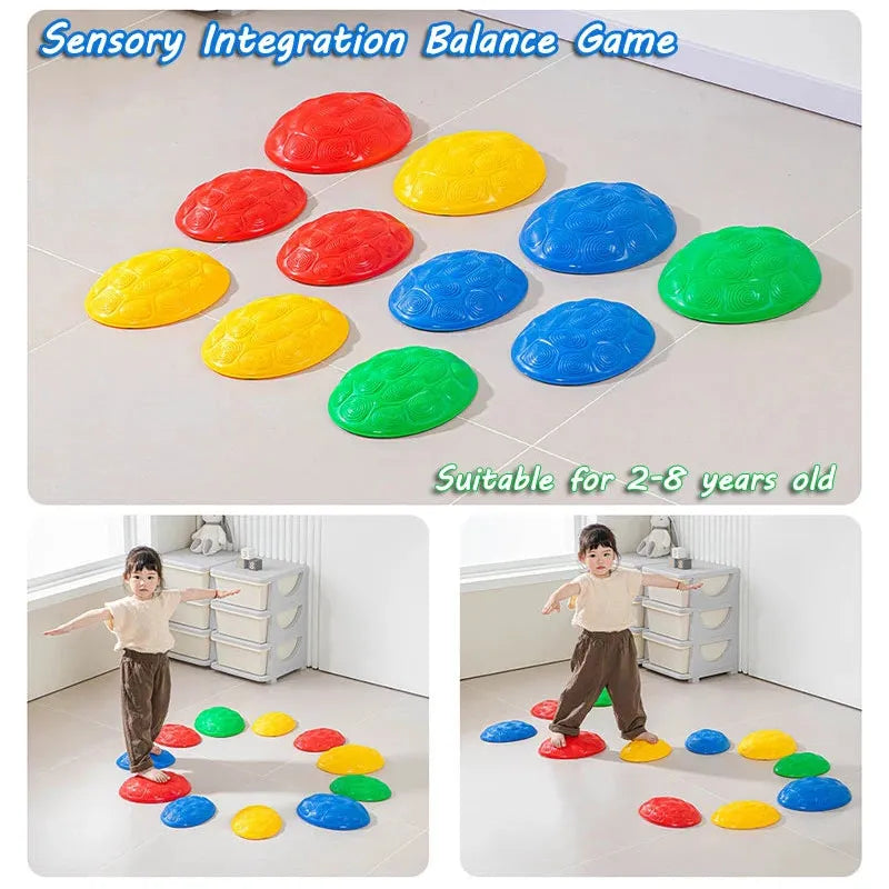 A child gleefully plays on circular, colored pads (red, yellow, green) arranged on the floor. The text reads Montessori Sensory Integration Foot Toys for Kids - Balancing Game and Educational Learning Materials for Ages 3-6.
