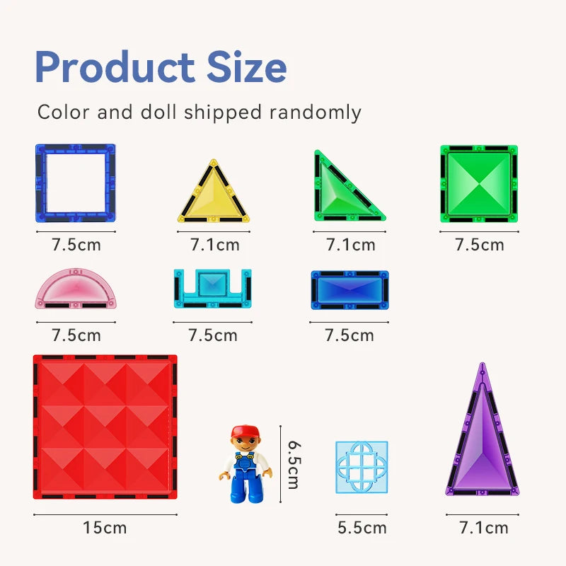 The diagram shows sizes of the Montessori Magnetic Building Blocks Set with geometric shapes such as squares, triangles, and a semi-circle. Pieces range from 5.5 cm to 15 cm, while a small doll is 6.5 cm. The text reads Product Size, ideal for interactive learning and play.