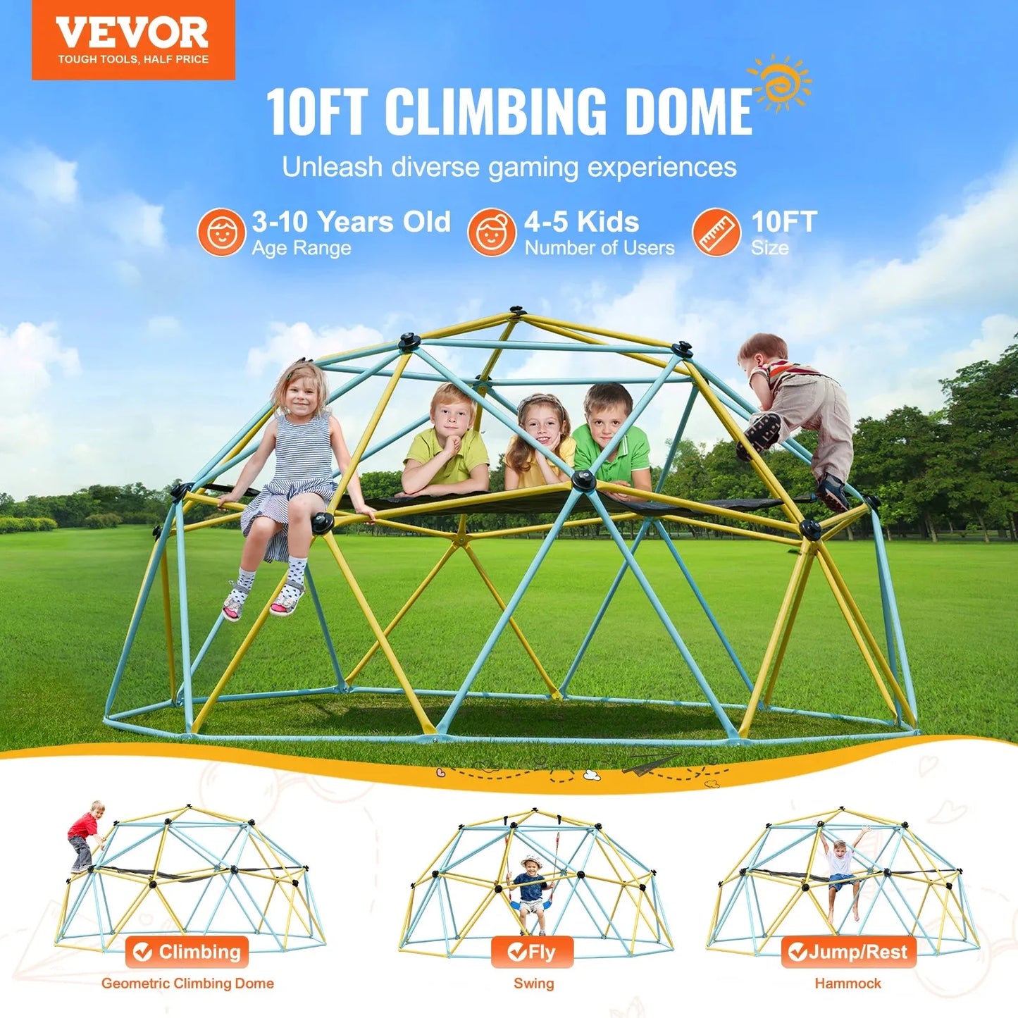 The colorful VEVOR Geometric Dome Climber with Hammock Swing, sized at 10 feet for ages 3-10, accommodates 4-5 kids. Ideal for backyard play, it offers climbing, swinging, and resting adventures suitable for an outdoor jungle gym experience.