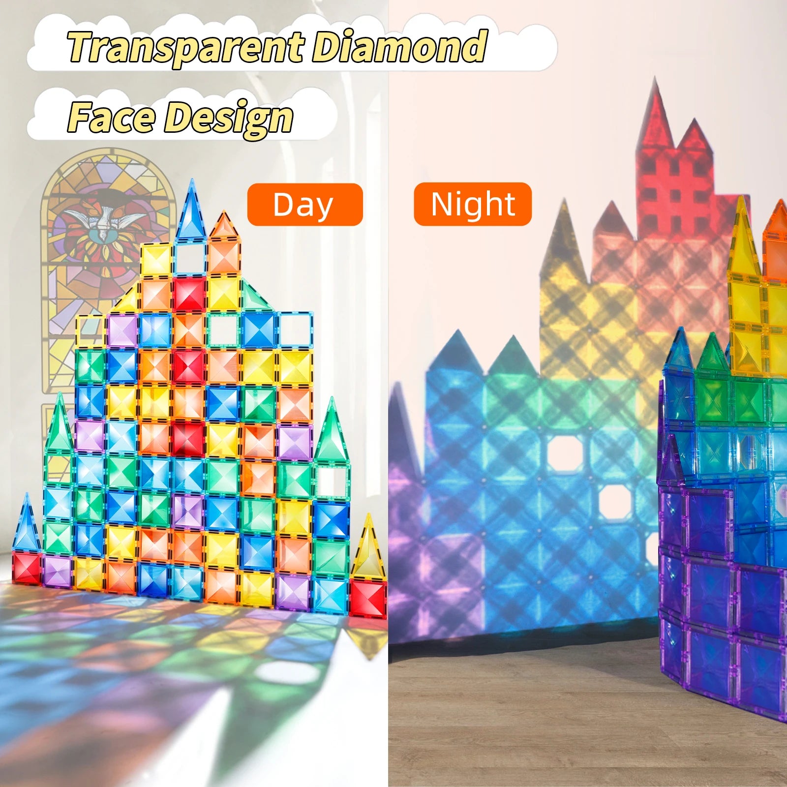 A colorful structure made from the Montessori Magnetic Building Blocks Set is displayed in day and night settings. Daylight casts rainbow reflections through it, while at night its illuminated, creating a vibrant, glowing effect ideal for interactive learning.