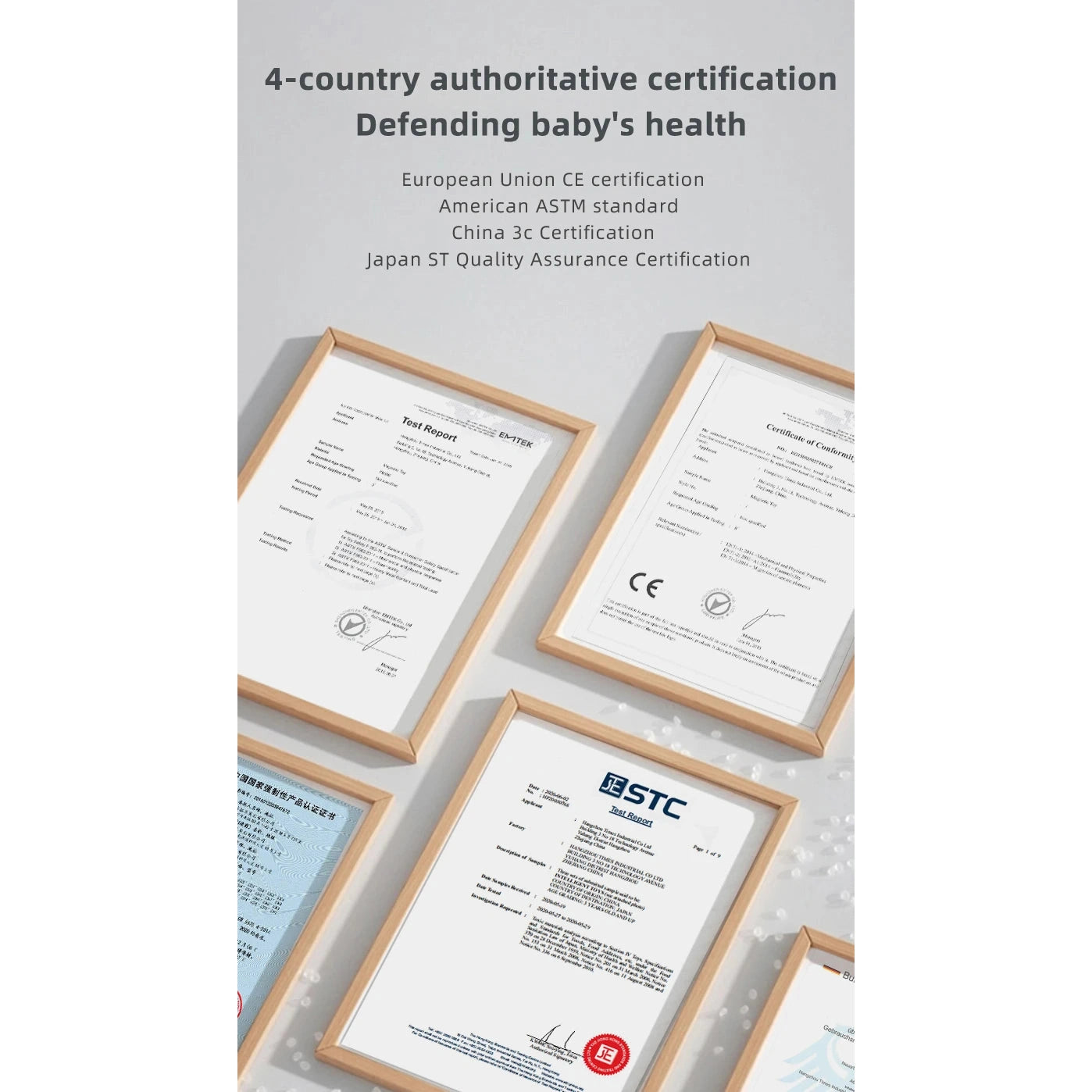 Displayed on a light background, four framed certificates highlight 4-country authoritative certification Defending babys health, meeting EU, USA, China, and Japan standards. Ideal for Romboss Magnetic Educational Architecture Puzzle - Colorful Building Blocks Toy for safe STEM learning.