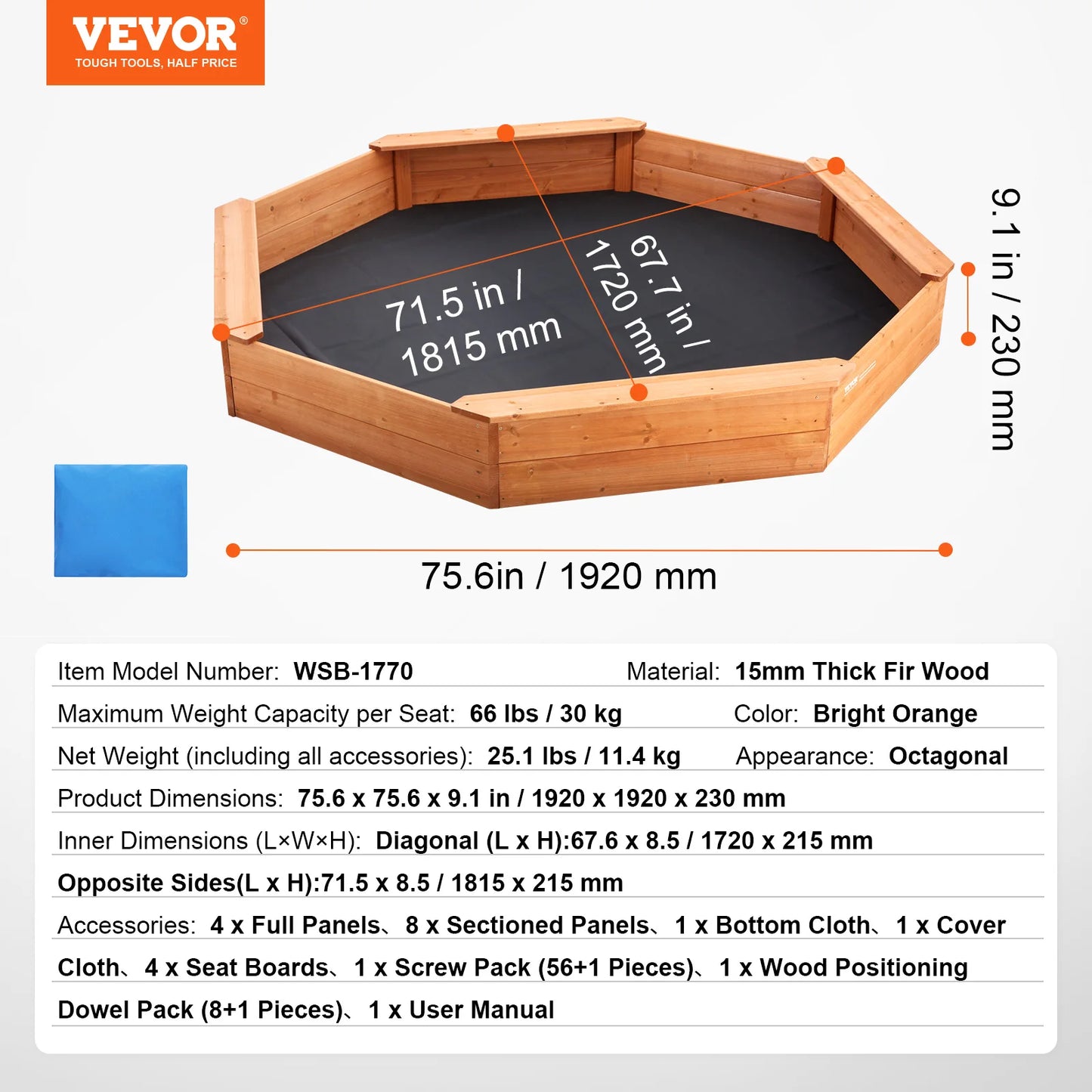The SucceBuy Sandbox w/ Cover features an octagonal design, 75.6 wide by 9.1 high, with a 67.7 inner dimension. Includes bottom liner, easy assembly set, hardware, and user manual for simple outdoor setup; seats at all corners.