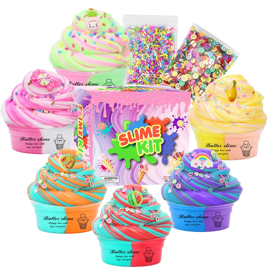 The Slime Fluffy Kit for Enfant includes six 50ml containers of Color Mud with cute designs and toppings like fruit and candy. Its vibrant, safe, non-toxic, and comes with bead packets, sprinkle toppings, and a labeled central box for endless DIY plasticine fun.