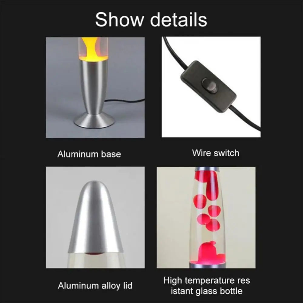 Infographic of Mesmerizing Jellyfish Lava LED Night Light: Top left: Aluminum base. Top right: Wire switch. Bottom left: Aluminum alloy lid. Bottom right: High temperature-resistant glass with red lava blobs, creating a mesmerizing night light effect for kids rooms and home ambiance.