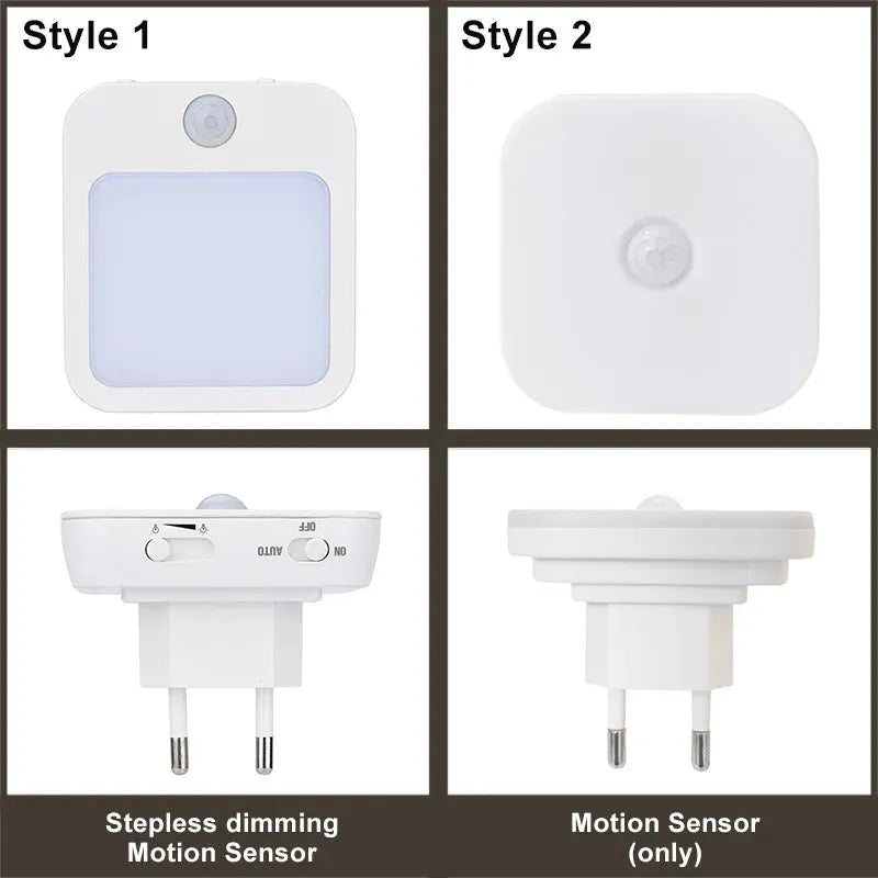 The Dimmable Motion Sensor LED Night Light with EU Plug offers two energy-efficient styles: a square-shaped, dimmable light and a rounder design with motion sensing only. Ideal for babys room, bedroom, and corridor.