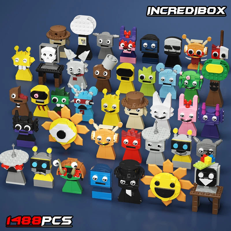 A vibrant lineup of 42 unique cartoon characters from the New Moc Incredibox Sprunki Building Blocks Set (Horror Anime Music Game Bricks, 1488pcs) stands in rows, with INCREDIBOX and 1488 PCS displayed in the corners. Perfect for birthday or Christmas gifts!.