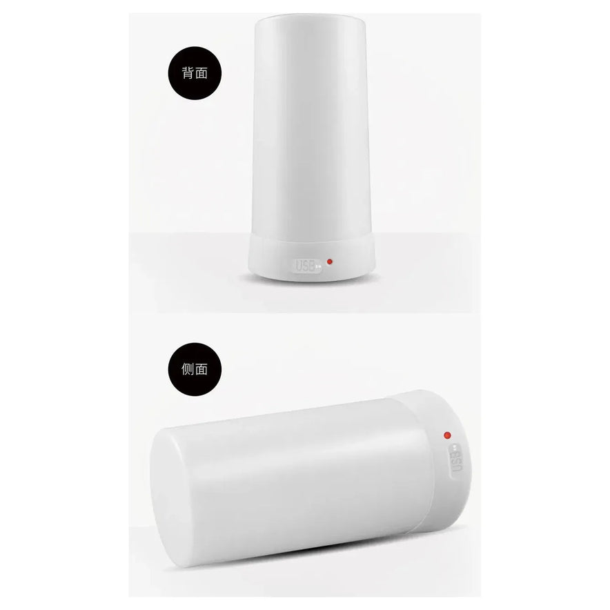 Two images of a cylindrical Simulated Flame LED Night Light in white. The top shows the rear view, while the bottom highlights versatile use with a side view and red LED indicator. Both images include Japanese text labels for orientation.