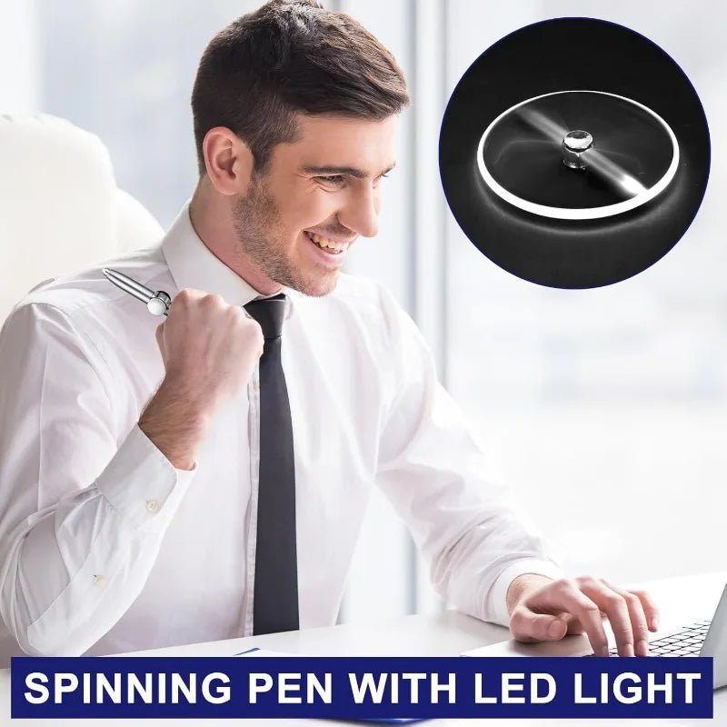 A smiling man in a white shirt holds a 4PCS Rechargeable Metal Fidget Pen with LED & Spinner at his desk. An inset shows the pen spinning with its circular LED light. Text below: SPINNING PEN WITH LED LIGHT and brand assurance.
