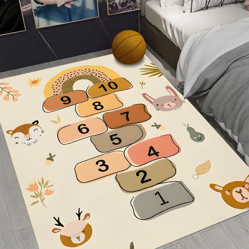 A 3-color Hopscotch Printing Carpet lies by the bed, featuring numbers 1-10, animal faces, leaves, and playful patterns. A basketball rests nearby. This non-slip rug suits bedroom, living room, or entryway and is mechanically washable.