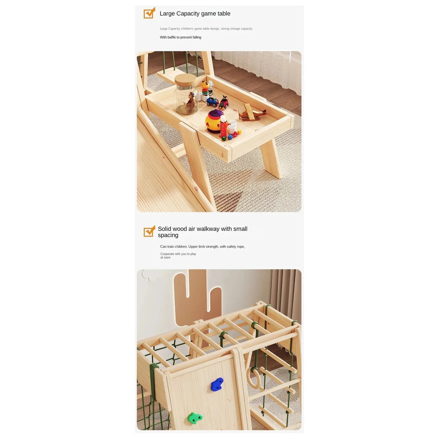 The Indoor Wooden Climbing Frame for Kids with Slide and Swing is an ideal sensory play set. Made from solid wood, it features a large game table capacity, sturdy air walkway, and green safety net on a beige rug, ensuring security for children’s indoor play and physical development.