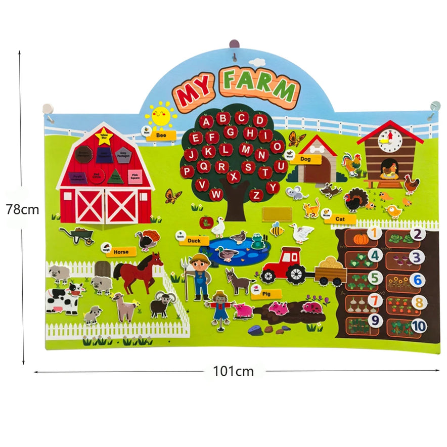 The Farm Animals Felt Story Board Set Interactive Play Kit (Color: C, 78x101cm) is an educational wall hanging with farm animals, a barn, numbers, letters, and more to help toddlers learn while playing.