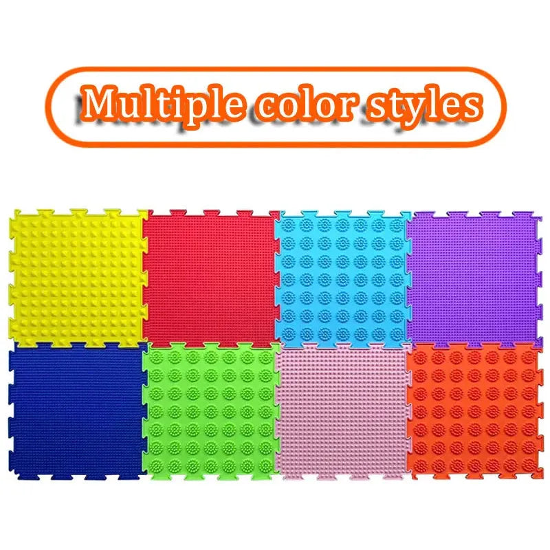 A grid of colorful interlocking foam floor mats showcases various textures in yellow, red, blue, purple, green, teal, and orange. Text reads Multiple color styles in an orange-bordered box. Ideal for sensory play with the Montessori Sensory Integration Training Balance Stones for Kids.
