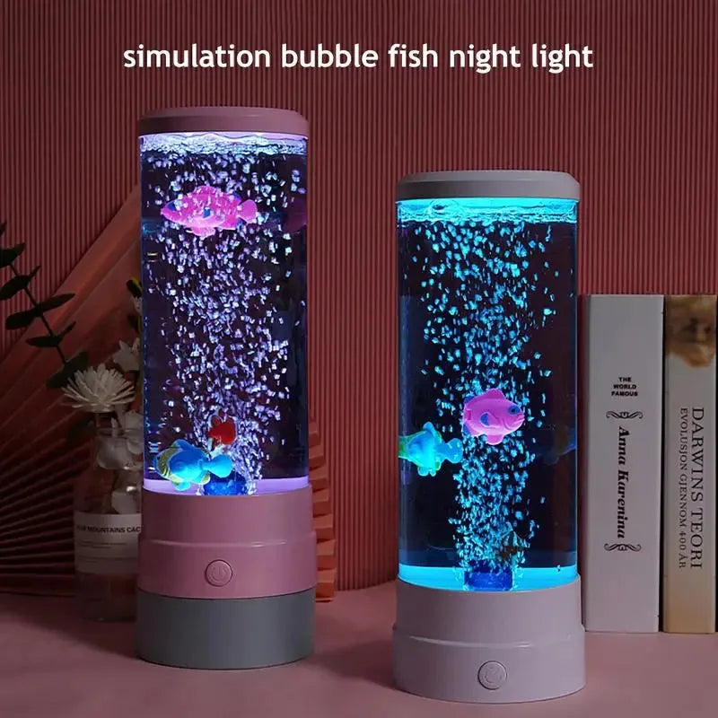 Two Enchanting Bubble Fish Night Light Aquarium Lamps with color-changing bases illuminate the table, featuring vibrant artificial fish and bubbles, set against a wooden slat wall and books; creating a realistic aquarium ambiance.