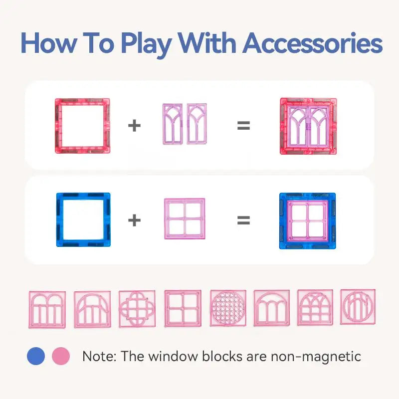 Instructions for crafting windows with toy pieces: Top features pink and purple arches, while the bottom shows blue and pink squares for Interactive Learning. Note mentions non-magnetic window blocks with circular and square designs below. Product Name: Montessori Magnetic Building Blocks Set.
