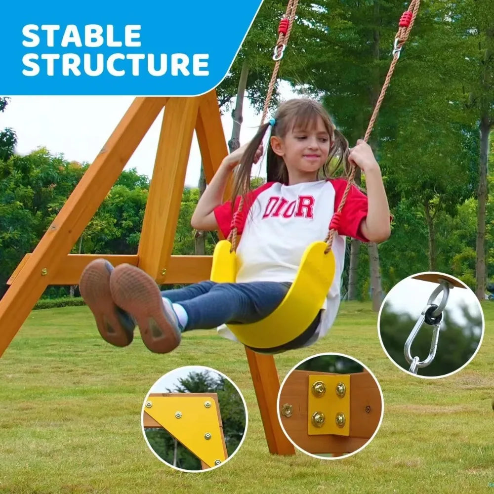 A young girl smiles while swinging on the Playground Swing Sets for Backyard—a wooden playset featuring 2 swings, a big wave slide, and climbing wall—highlighting sturdy metal bolts, brackets, and carabiners securing the ropes to the frame.