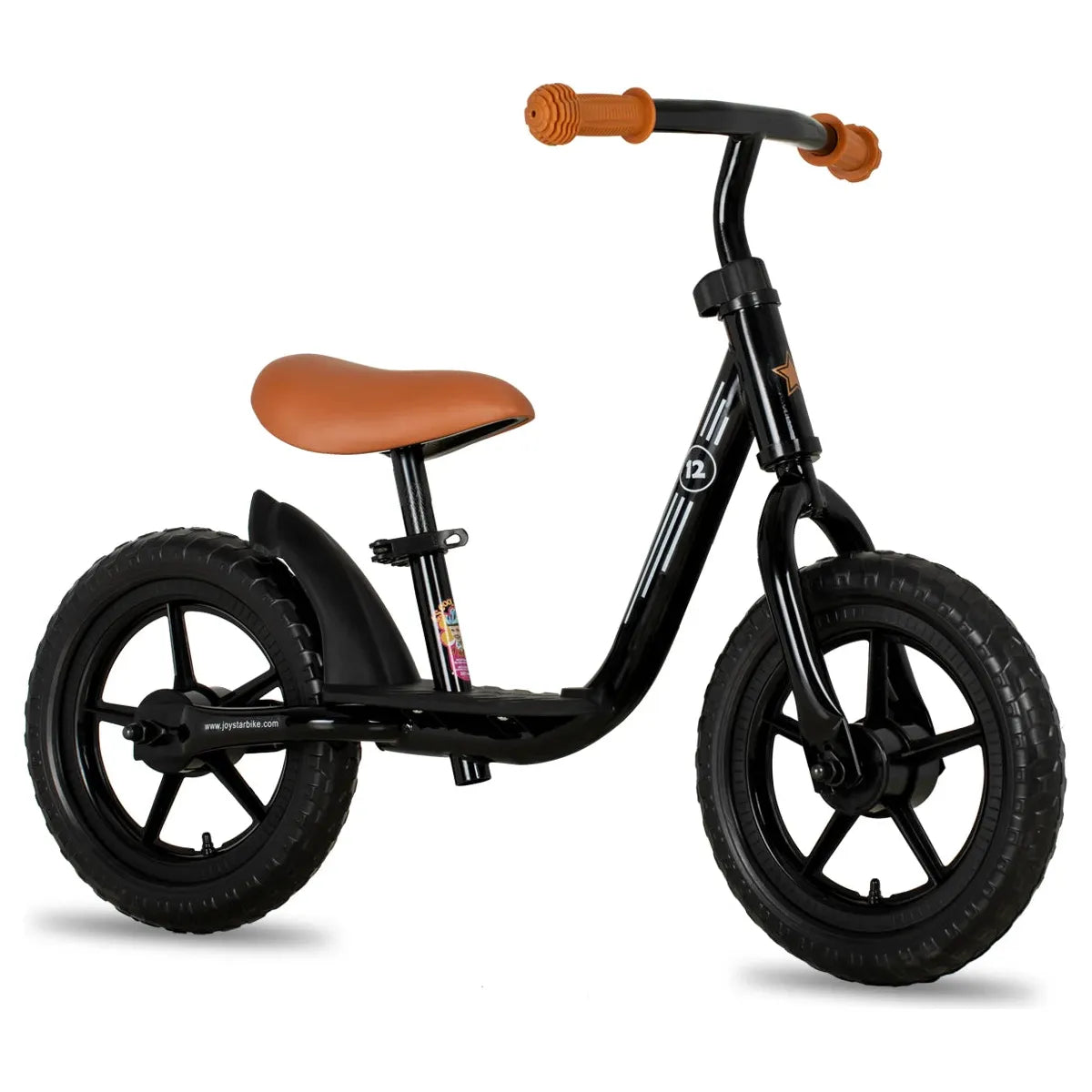 The JOYSTAR Kids Balance Bike for Toddlers sports vibrant orange handlebars and seat on a sleek black frame with two sturdy wheels and a rear mudguard, designed for children ages 18 months to 5 years.