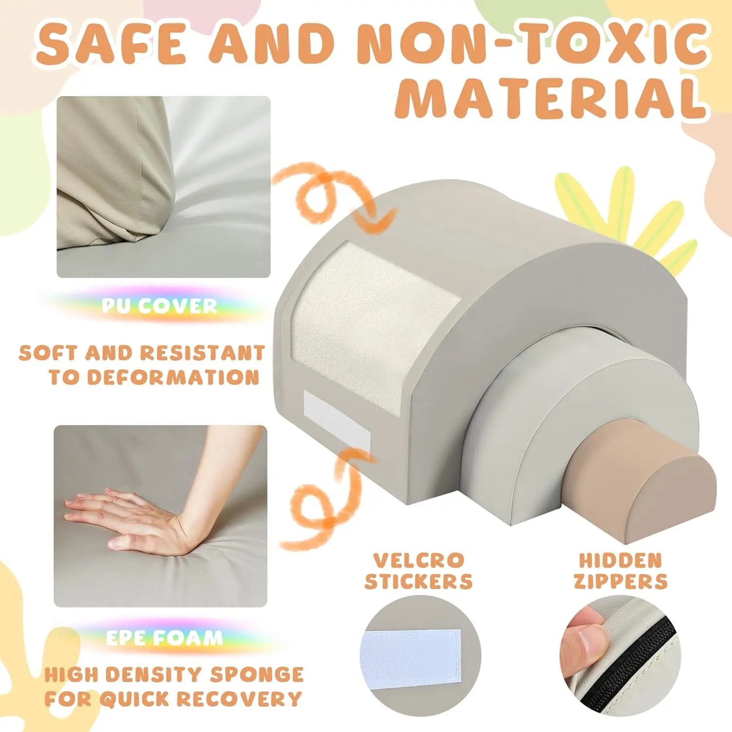 Illustration showcases Rainbow Soft Play Set, a unisex toddler toy made from safe, non-toxic materials like PU cover and EPE foam, with velcro stickers and hidden zippers. Highlights softness, durability, quick recovery, and foldable slide.