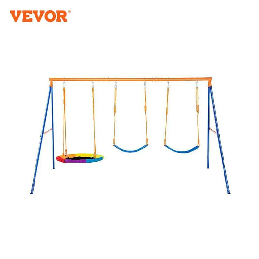 The Backyard Adventure Swing Set by VEVOR features a colorful rainbow round swing, two blue belt swings, and a trapeze bar. It has a durable blue frame with an orange top bar displaying the Vevor logo and is set against a plain white background.