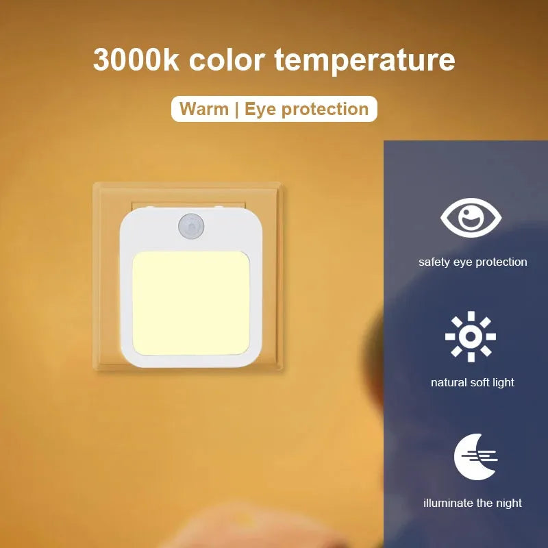 Image of a warm 3000k wall-mounted LED light with eye protection, safety icons, and nighttime use design. Features dimmable motion sensor for babys room or corridor. Background is soft yellow, ideal for a wireless EU plug lighting solution.