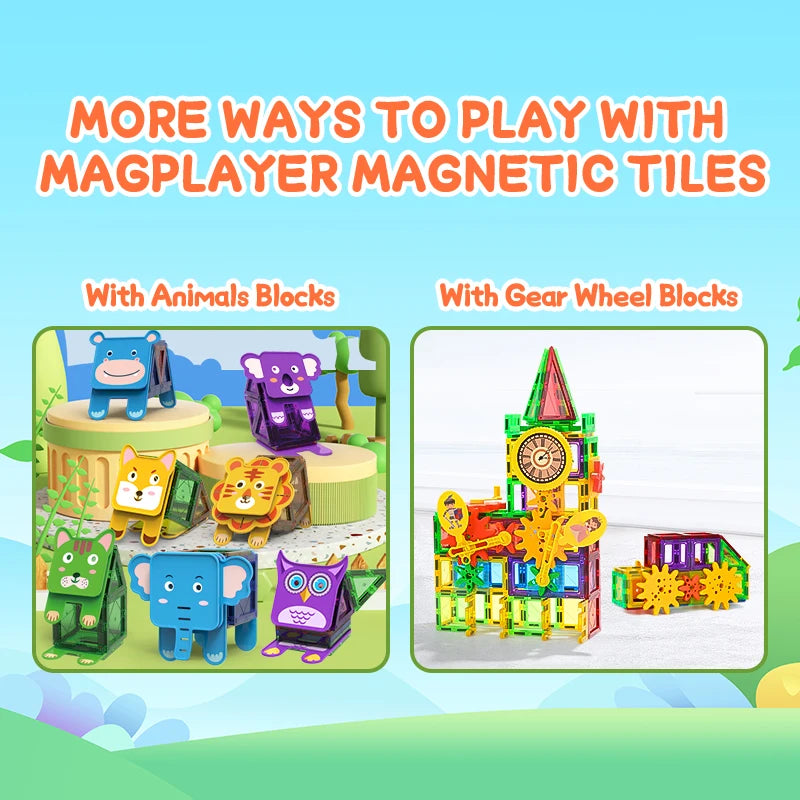 A vibrant image displays the Magplayer Magnetic Building Blocks. On the left, animal blocks like a hippo and elephant are shown; on the right, gear wheel blocks with a clock tower appear. Text reads: Discover endless fun with Magplayer - the ultimate educational toy for creative play.