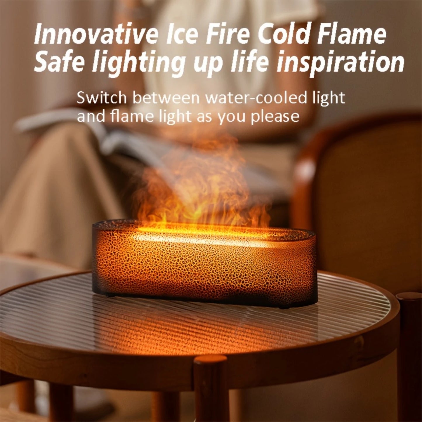 The Lava Flame Cool Mist Humidifier features a color-changing lamp resembling a fire flame on a wooden table, casting warm orange light. Text: Innovative Ice Fire Cold Flame. Safely inspire life with Cool Mist Technology and switch easily between water-cooled and flame light.