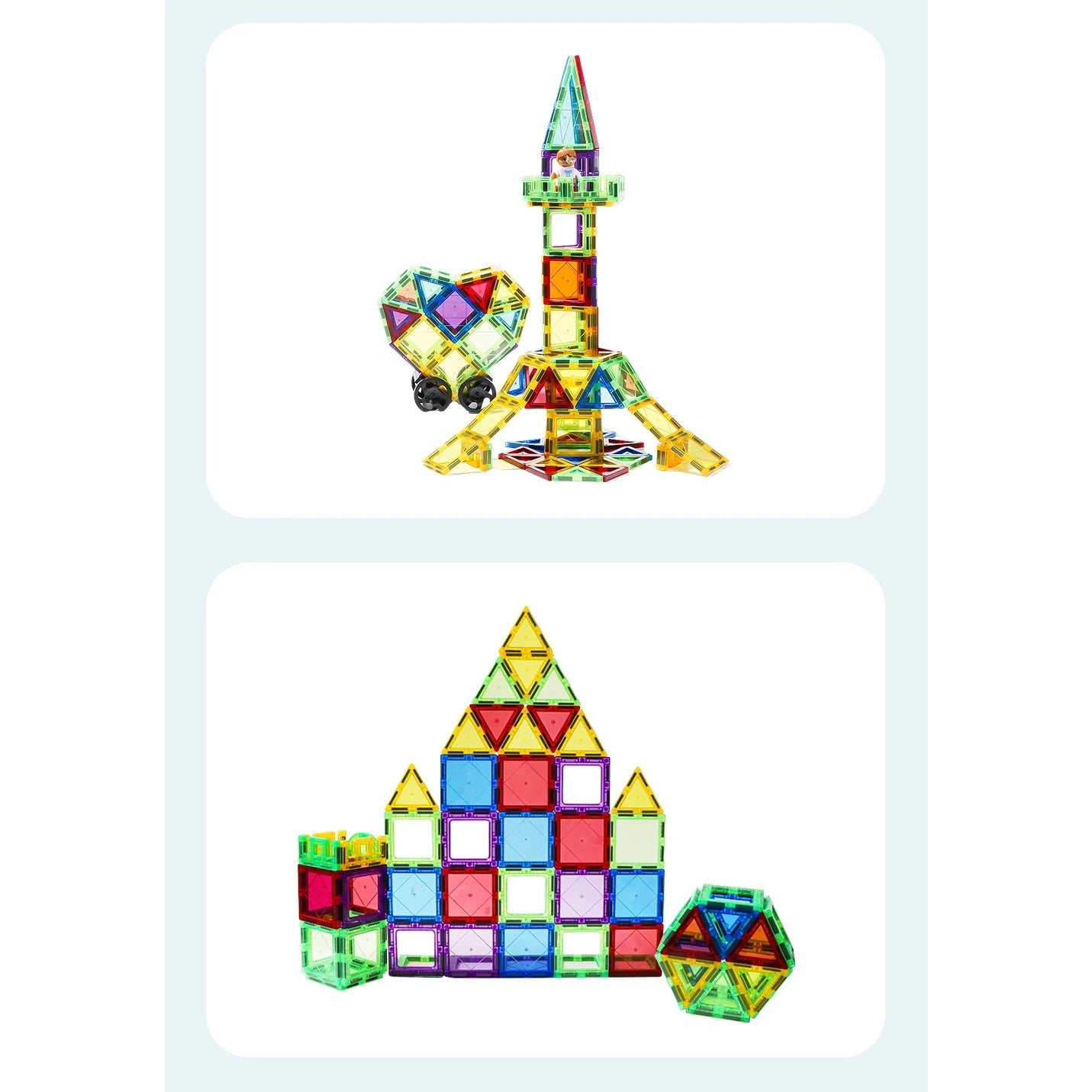 Top image: A tower and heart crafted from vibrant Romboss magnetic tiles for STEM learning. Bottom image: A pyramid with surrounding shapes, showcasing the versatility of this creative Romboss Magnetic Educational Architecture Puzzle for kids.