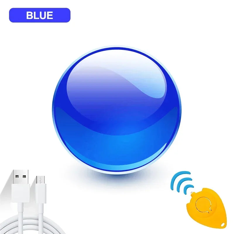 A shiny blue Magic Flying Ball Mini Toy is centered on a white background, labeled BLUE in the top left. Below are a white USB cable and yellow keychain, perfect for your next boomerang spinner or flying toy adventure.