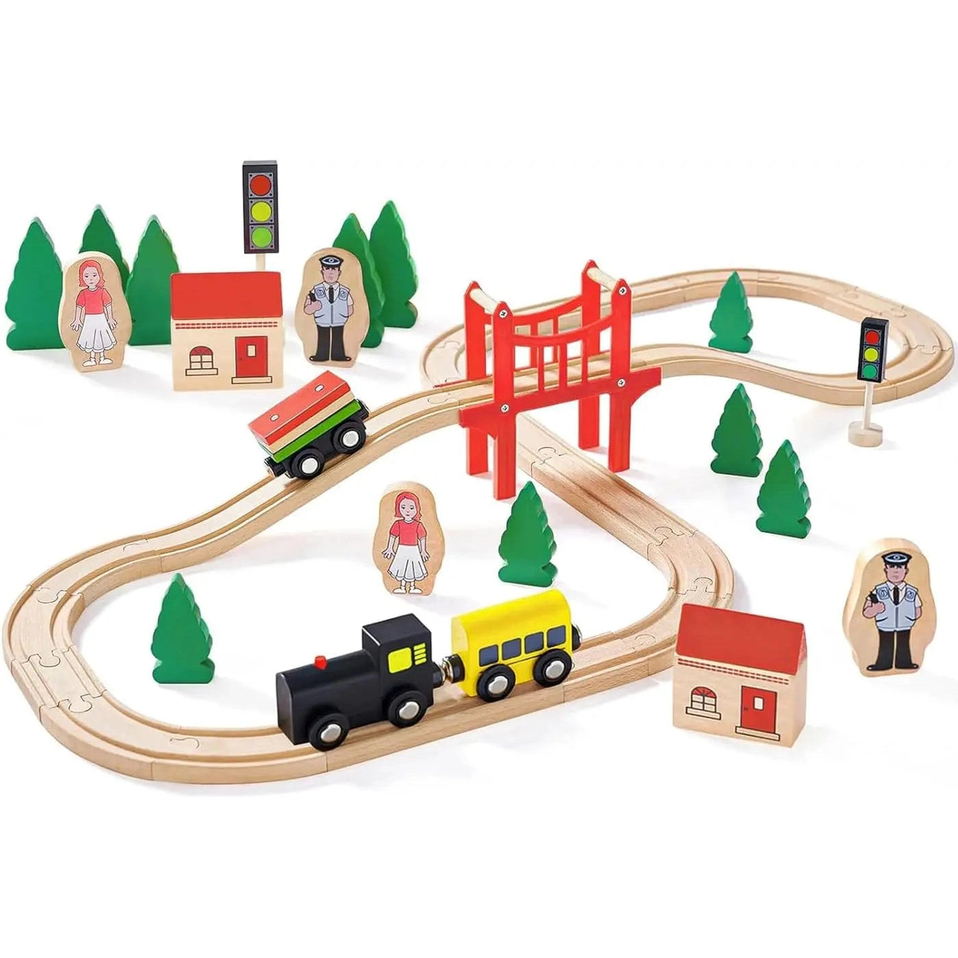 The Wooden Train Set - 39 Pieces features multi-colored tracks, bridge, trees, buildings, two trains, stoplights, and wooden figures—including a conductor—for timeless play. Fits Thomas, Brio, IKEA & Melissa and Doug sets.
