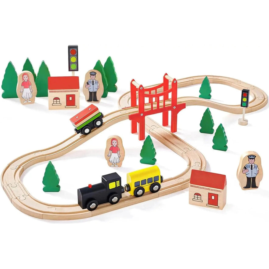 The Wooden Train Set - 39 Pieces features multi-colored tracks, bridge, trees, buildings, two trains, stoplights, and wooden figures—including a conductor—for timeless play. Fits Thomas, Brio, IKEA & Melissa and Doug sets.