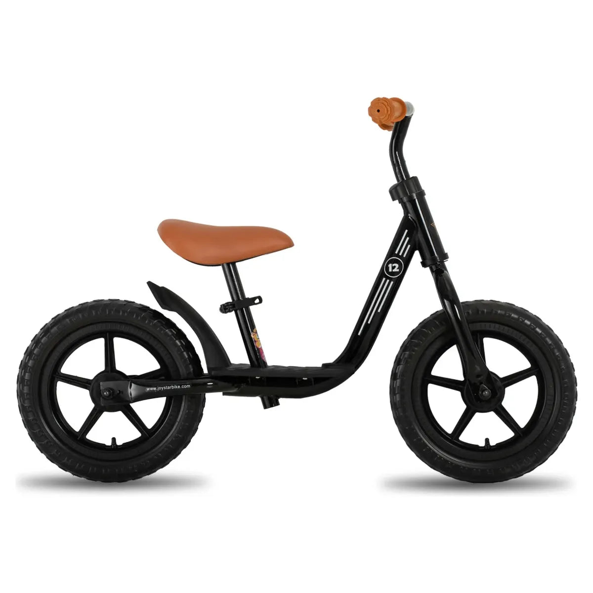 The JOYSTAR Kids Balance Bike, suitable for ages 18 months to 5 years, is a stylish black toddler push bike featuring a brown seat and orange grips. This lightweight bike with large black tires and adjustable seat helps young riders practice balancing effortlessly.