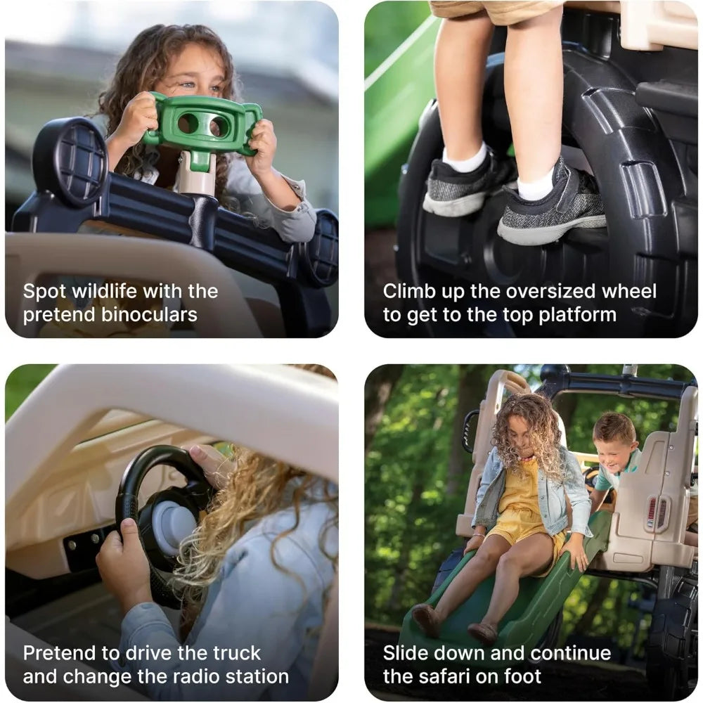 Four photos show kids using the Truck Climber Kids Outdoor Playset with Slide and Wall: peering through toy binoculars, climbing the wall, pretending to drive, and sliding—each image sports fun safari-themed captions.