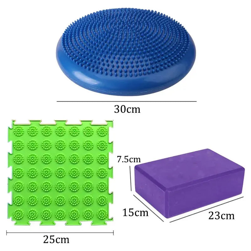 The image features Montessori Sensory Integration Training Balance Stones: a round blue balance cushion (30cm diameter) for sensory integration, a 25cm green textured mat piece for tactile play, and a purple yoga block (23x15x7.5cm), similar to Montessori educational toys.