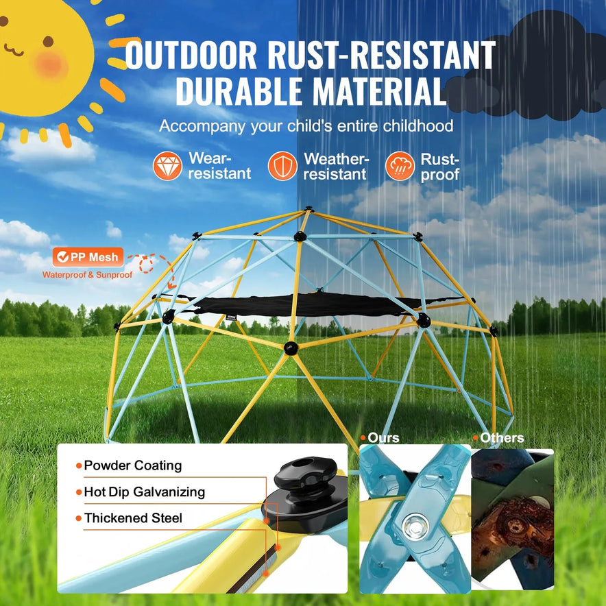 Unveil the VEVOR Geometric Dome Climber with Hammock Swing, an outdoor jungle gym perfect for backyard play. Its weatherproof design, enhanced with powder coating and galvanizing, offers rust and wear resistance for endless adventure in sizes 6-12FT.