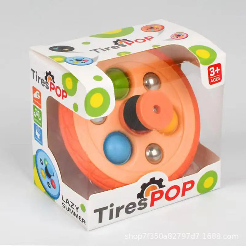 The Pop Fidget Toy Gyro from China is a peach-colored, round fidget toy with colorful buttons and metal balls, visible through clear packaging. Designed for kids 3+, it features a spring mechanism and rubber tire—ideal as a birthday or classroom prize.