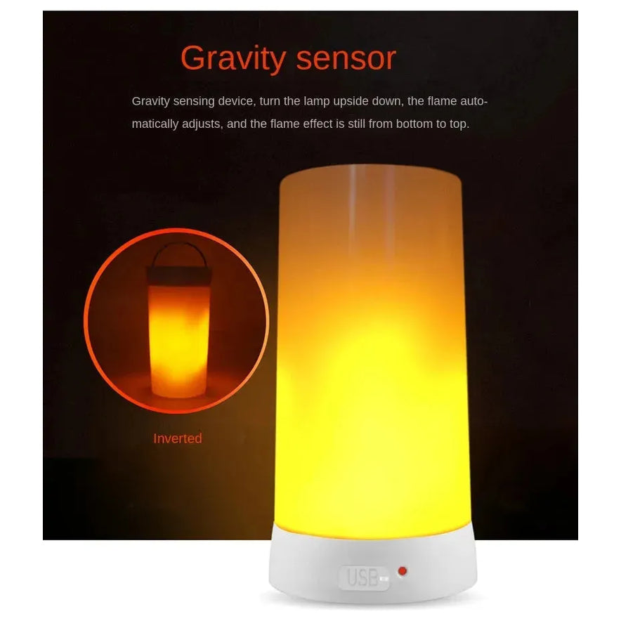 The Simulated Flame LED Night Light features a gravity sensor that adjusts the flame orientation when inverted. It offers versatile usage with USB connectivity, showcasing a realistic flame simulation.