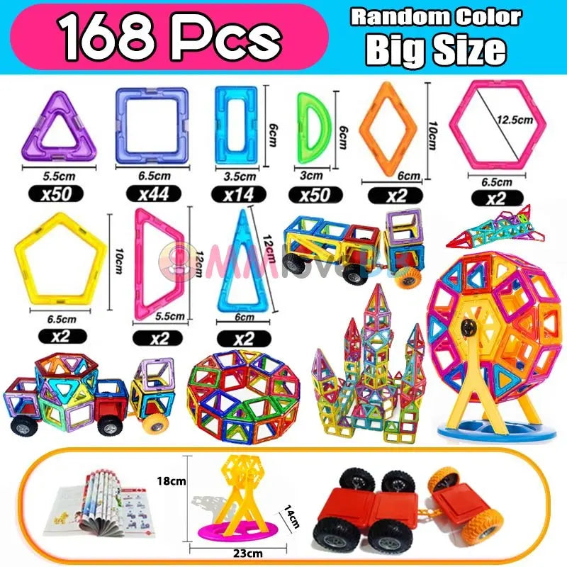 The Giant Magnetic Building Blocks Set for Kids includes 168 pieces in geometric shapes like triangles, squares, and hexagons. Ideal for STEM learning with safe materials, it comes with instruction booklets and bases to build models such as cars and a Ferris wheel. Suitable for ages 4-12.
