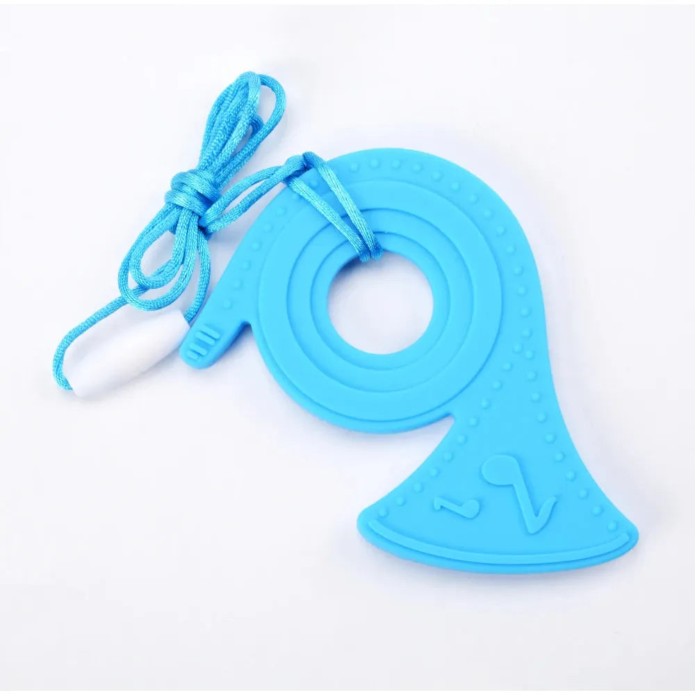 A blue silicone teething toy shaped like a stylized number 2, featuring small dots and musical symbols, includes a looped string for wearing as a chewable necklace. Perfect for oral motor therapy, this Silicone Chewable Necklace for Kids serves as a sensory teether pendant for autism and ADHD.
