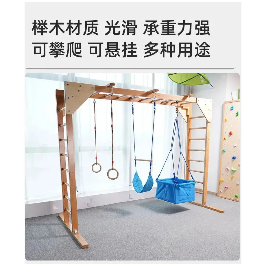 The Indoor Sensory Fitness Ladder for Kids is a wooden playset with a fitness ladder, gymnastic rings, and swing seat, ideal for sensory integration. Its set on carpeted flooring with colorful wall decor and features Chinese text describing its benefits above the playset.