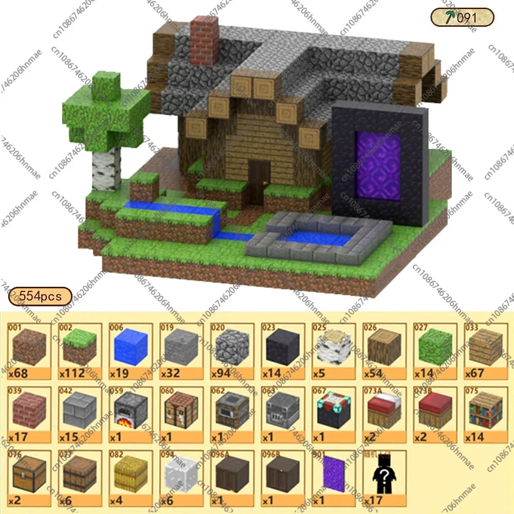 A Minecraft-style house with a birch tree, garden, pond, and Nether portal is built from the Magnetic Building Blocks Mine World Magnet Cube Set (T091-554PCS), a 554-piece STEM Montessori toy for kids ages 3+.