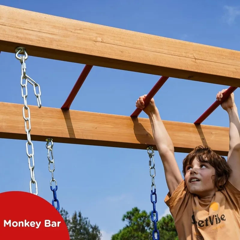 A young person hangs from a red and wooden monkey bar, part of the Wood Swing Sets for Backyard with Monkey Bar Playset. They grip two rungs as blue sky and trees fill the background. Monkey Bar text appears in the corner.