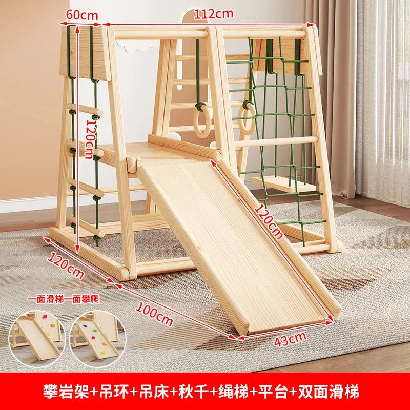 The Indoor Wooden Climbing Frame for Kids, complete with a slide, swing, rope climbing net, and rings, is a sensory play set designed for development and fun. It features dimensions in centimeters and is set against light-colored flooring with curtains in the background.