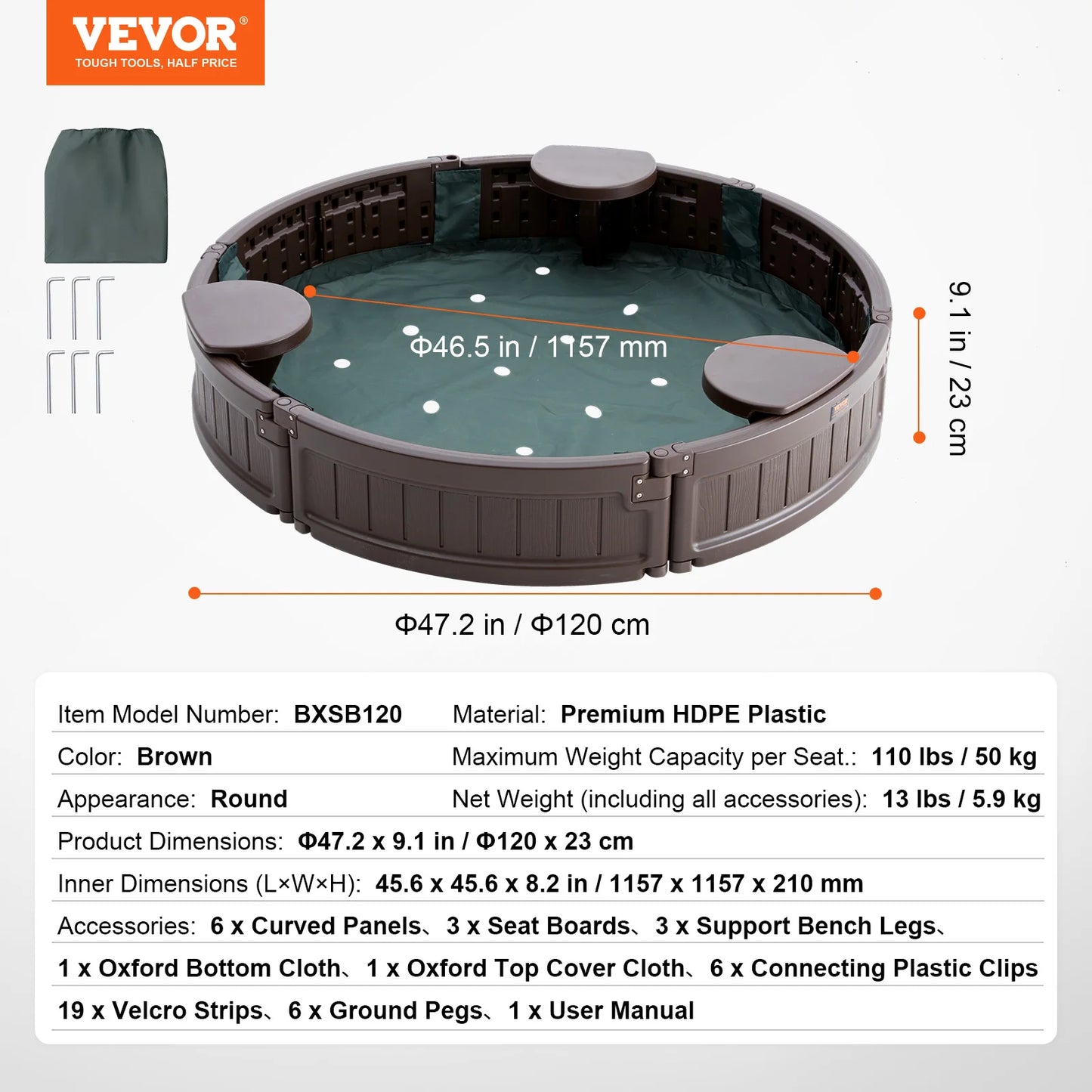 A SucceBuy round portable sandpit for kids, featuring 4 corner seats, bottom liner, cover, and easy assembly with a wood set. Includes product dimensions and specs. Color: Round. For outdoor use. Brand: VEVOR.