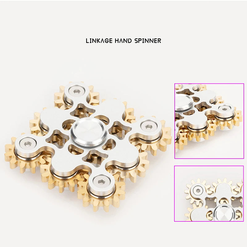 The Bike Chain Metal Fidget Spinner with Magnetic Slider is a 9-gear linkage stress relief toy for adults, featuring a gold and silver finish. Inset images on the right display various angles of this captivating spinner, resembling complex interlocking gears.