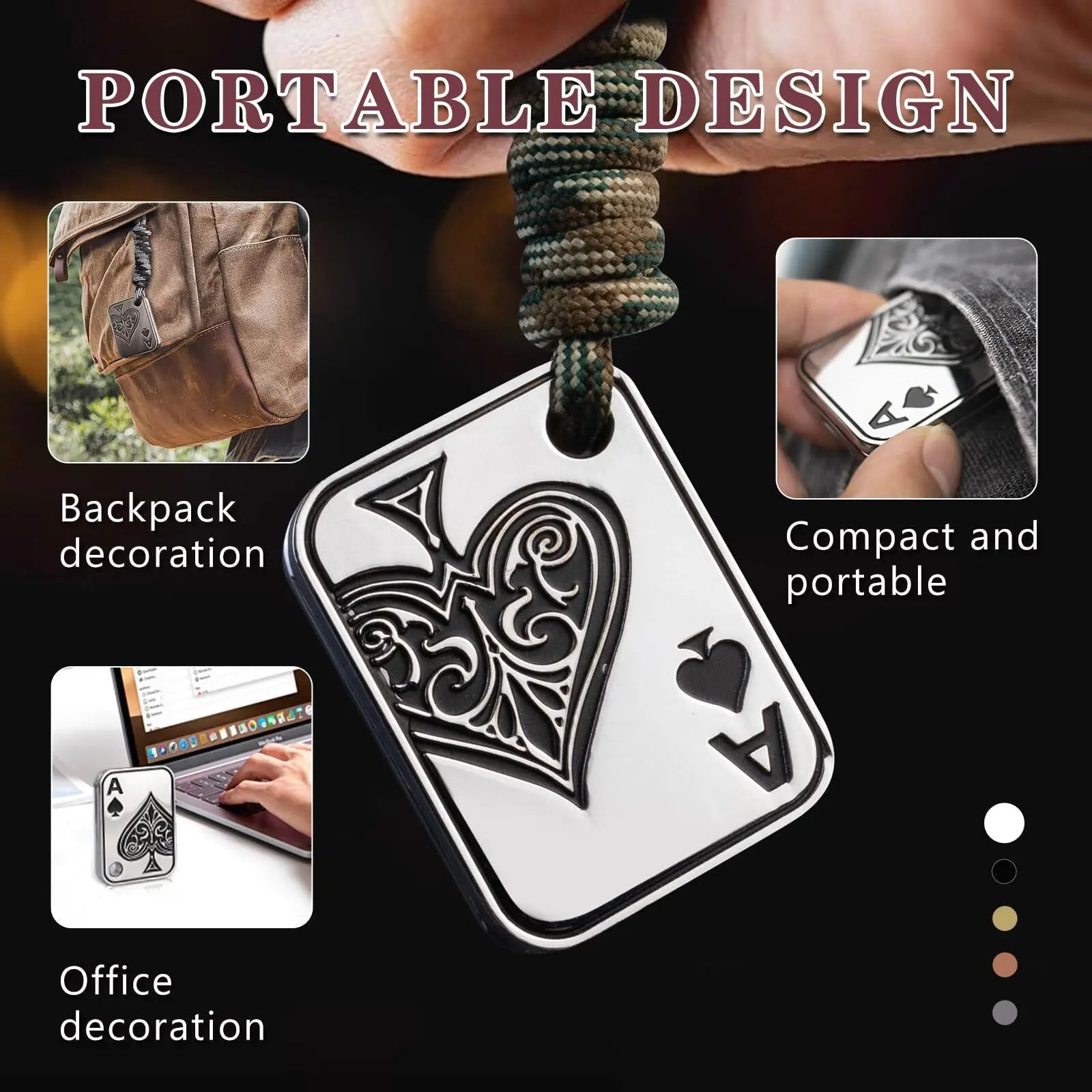 The EDC Metal Fidget Slider Magnetic Poker Push Card, shaped like a silver Ace of Spades, attaches to backpacks or sits by your laptop, offering versatile use as a charm, office decor, or portable stress-relief toy for anxiety and ADHD.