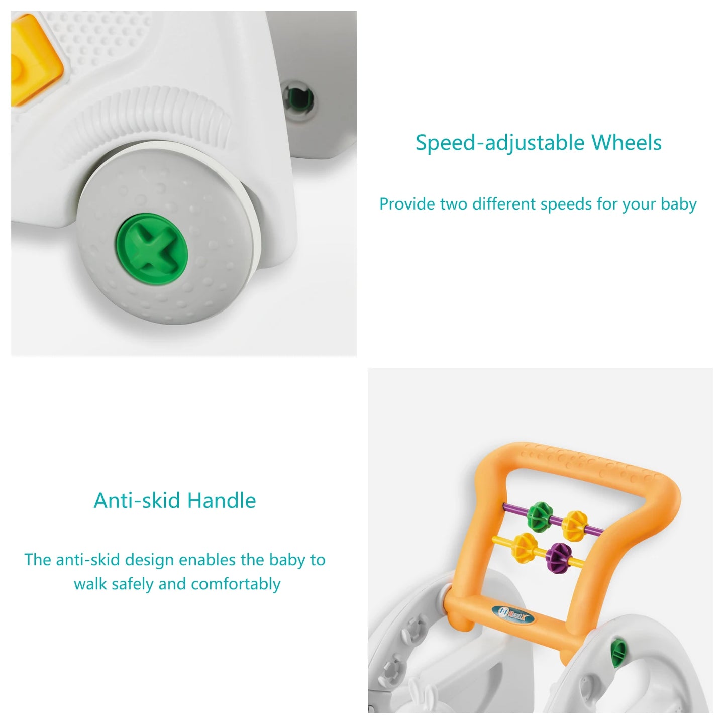 A close-up of the EDUCIRO 4-in-1 Baby Walker highlights its speed-adjustable wheels and orange anti-skid handle with colorful beads, plus a flashing toy. Text emphasizes the adjustable wheels and anti-skid handle for safe, comfy walking.