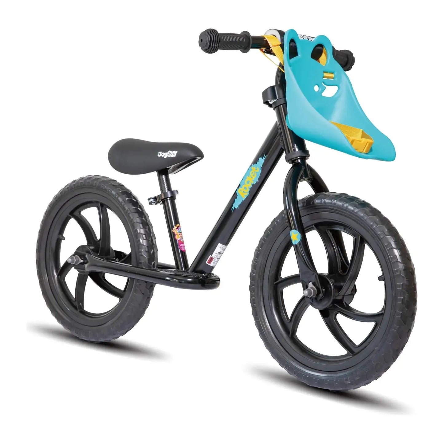 A black kids balance bike with a durable steel frame features thick tires, a turquoise seat, and a lightweight design. It includes a small front attachment seat, ideal for carrying toys. Ideal for ages 18 months to 6 years, it comes with free US shipping.