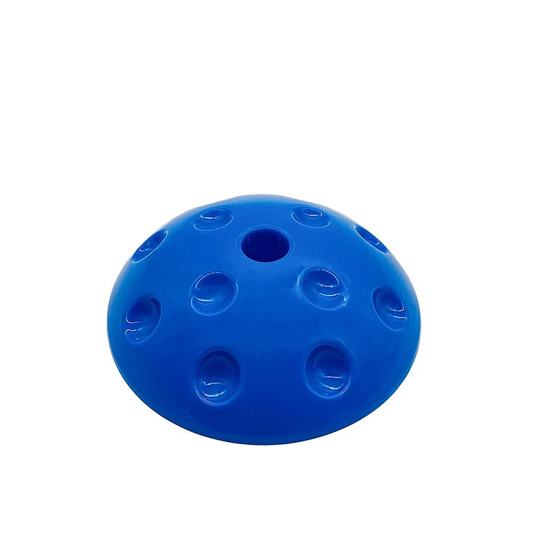 Against a plain white background, a blue dome-shaped object with round indentations and a central top hole is displayed. The Montessori-Inspired Kids Balance Stepping Stones aid motor skills and sensory integration through engaging activities for children.